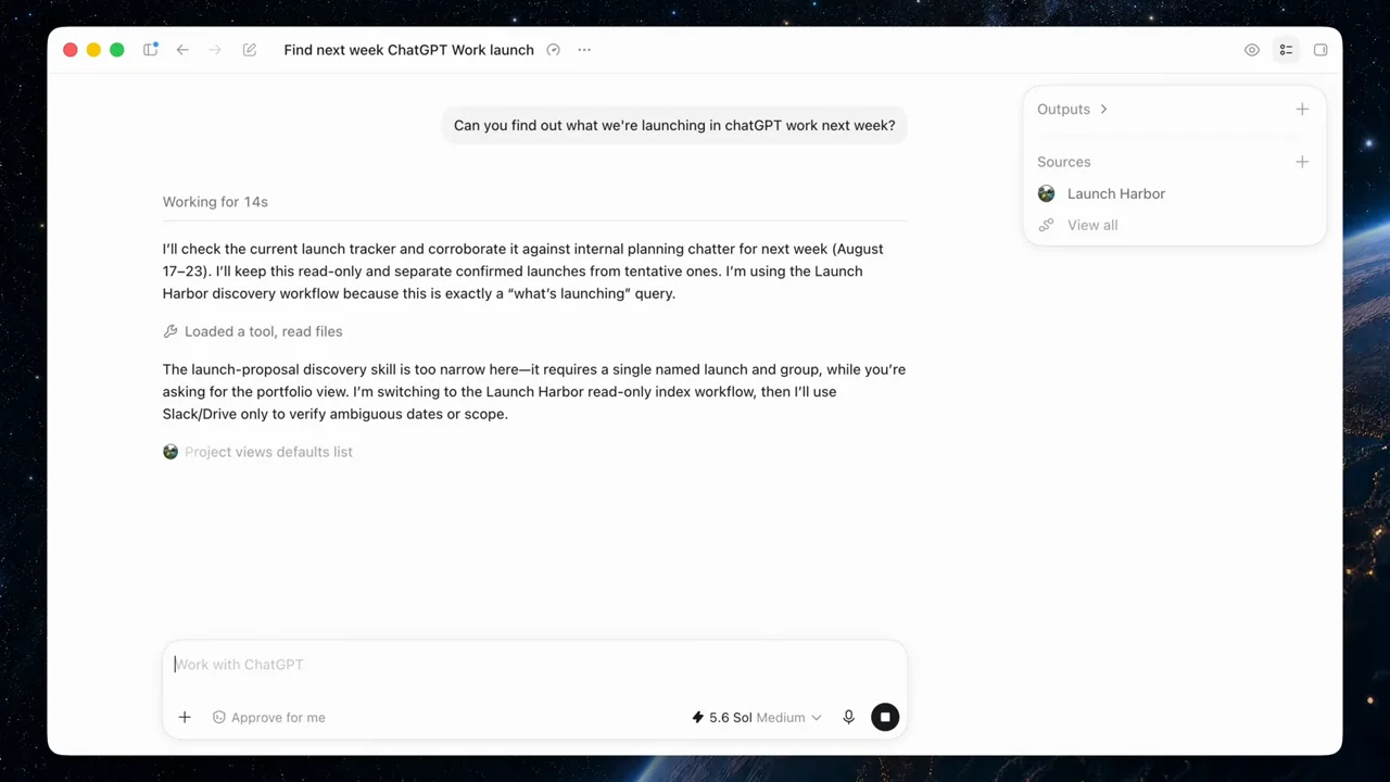 A desktop conversation shows a work request and research response.