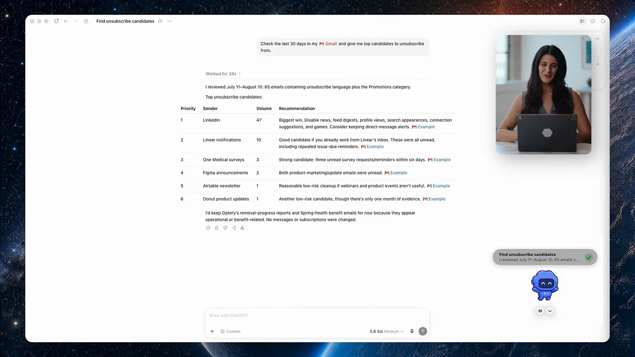 The companion appears alongside a task response and status bubble.