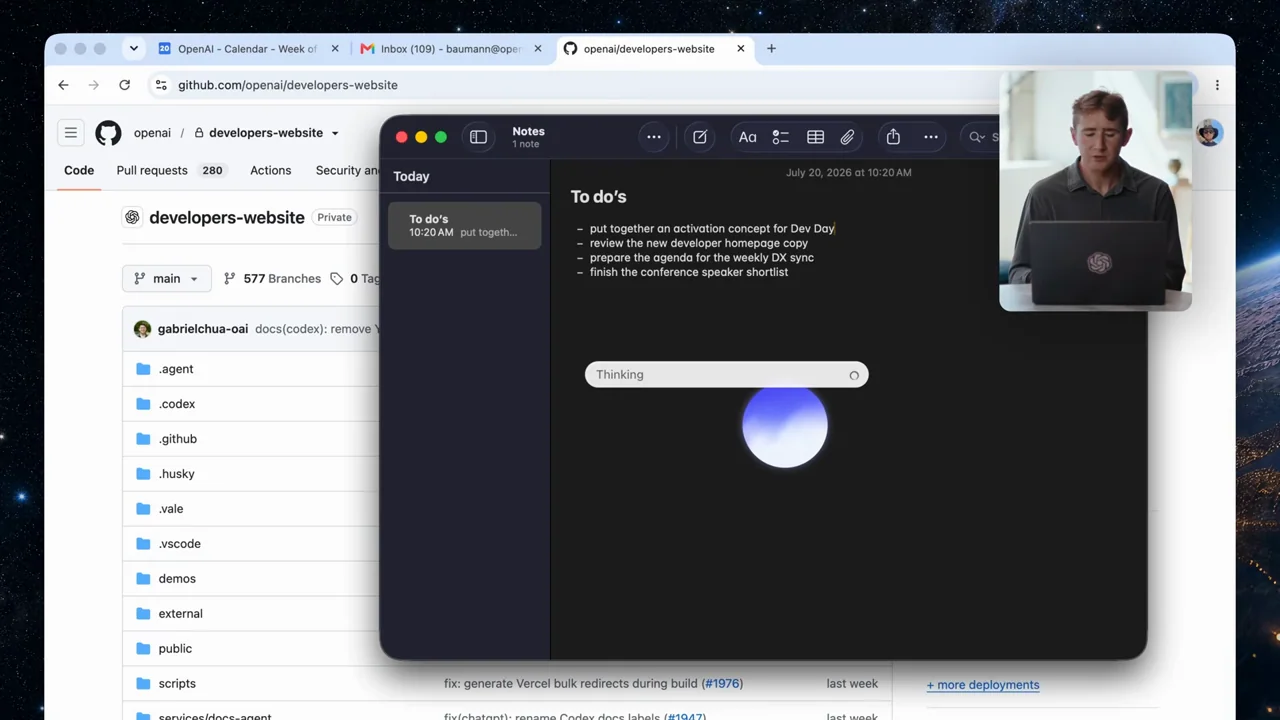 A voice orb and status pill overlay Notes with a browser behind it.