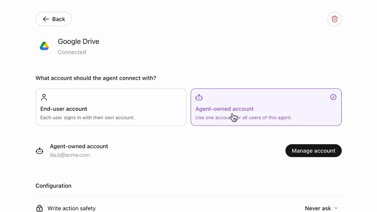 Drive setup exposes user and agent-owned account choices.